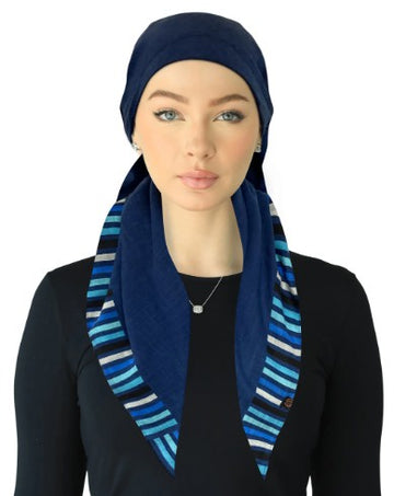 Cherie SPC316A-BL Blue Striped Border Adjustable Closed Back Pre-Tied Bandanna Myselflingerie.com